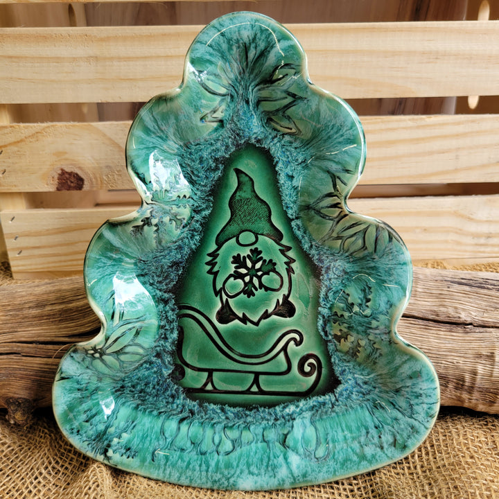 Christmas tree candy dish with gnome inlay and glazed in green and cream glazes