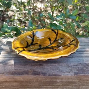 Soap dish glazed with amber glaze with soft black brushstrokes.