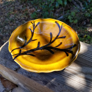 Soap dish glazed with amber glaze with soft black brushstrokes.