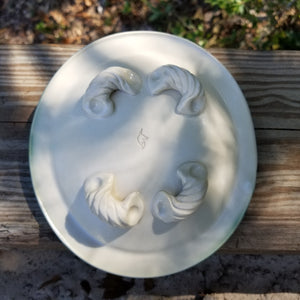 Leaf textured green & cream colored soap dish_back view