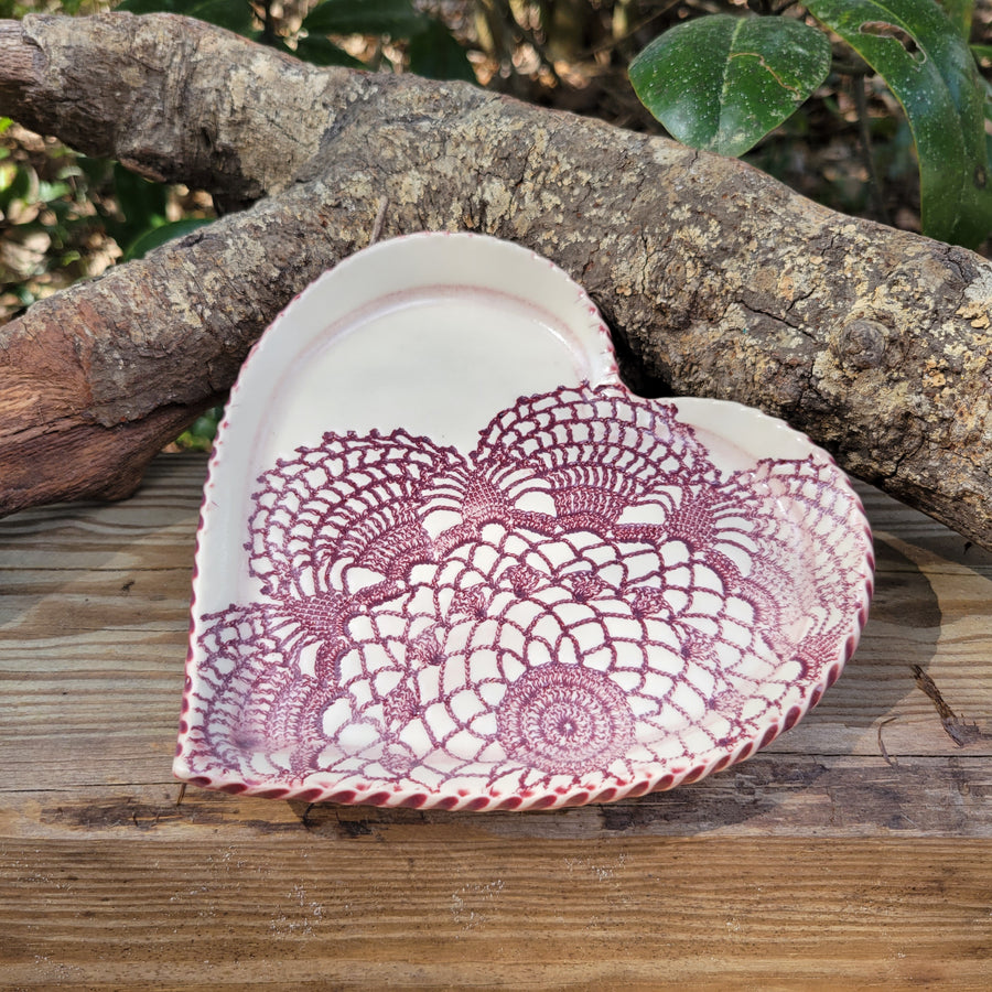 Heart shaped trinket dish with burgundy lace texture