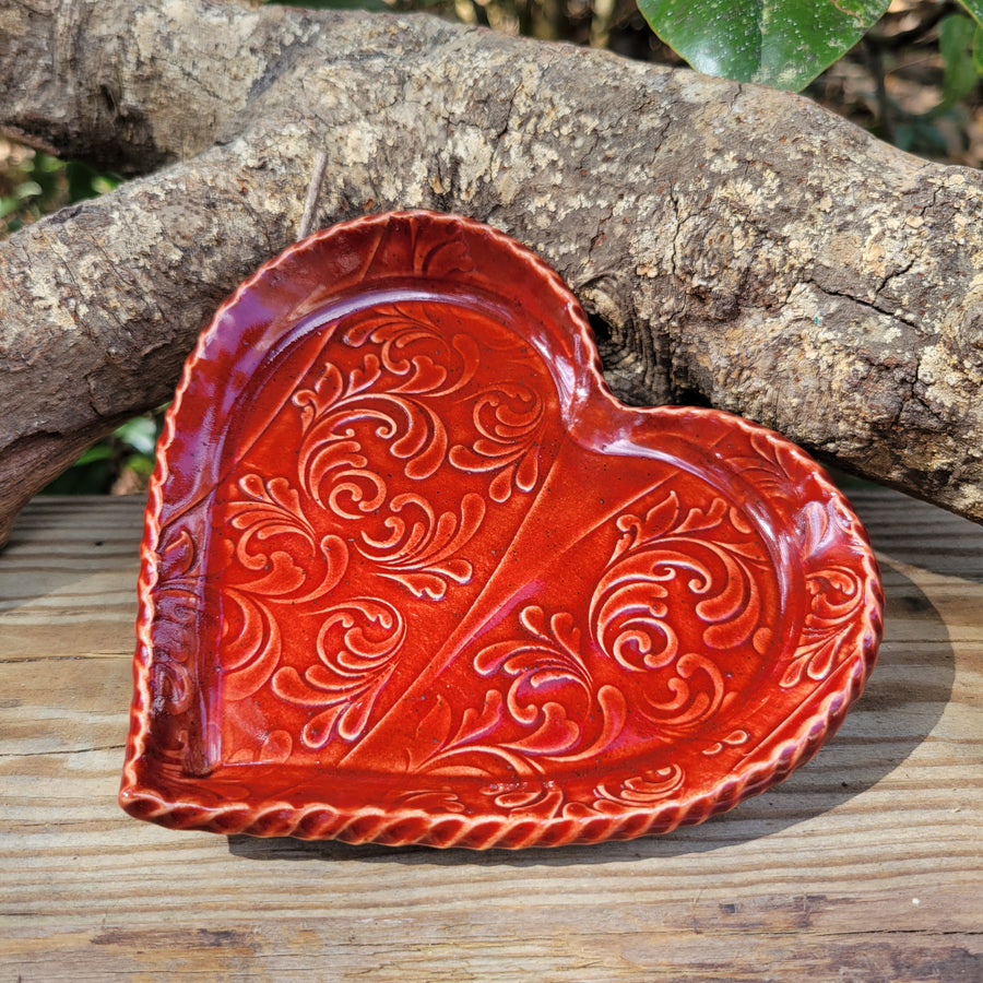 Heart shaped textured trinket dish with red glaze