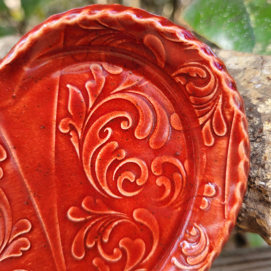 Heart shaped textured trinket dish with red glaze_close up