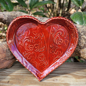 Heart shaped textured trinket dish with red glaze_alt view