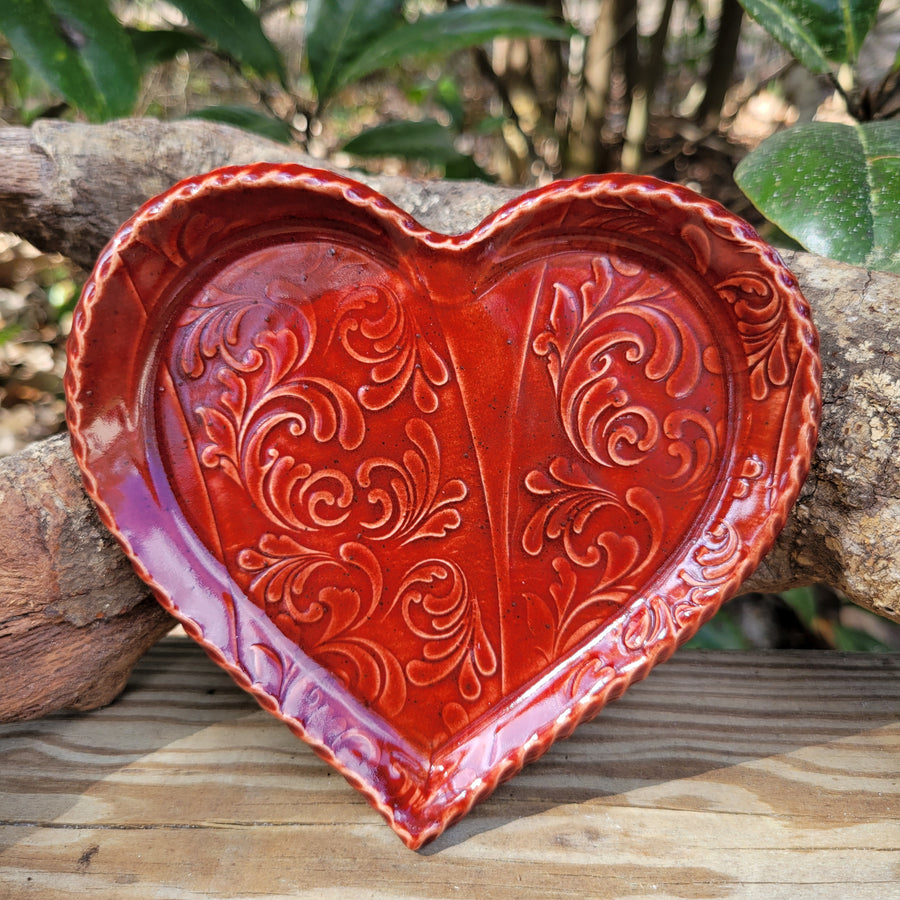 Heart shaped textured trinket dish with red glaze_alt view