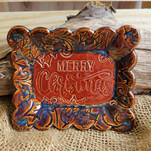 Merry Christmas trinket dish glazed in red and brown accents